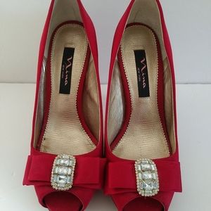 Nina NY Red satin Rhinestone  heals, fit like a 7
